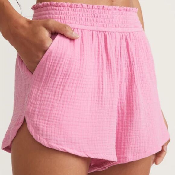 Marine Layer Women Corinne Double Cloth Pink Smocked Waist Shorts large EUC - Picture 2 of 12